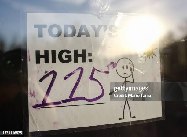 Sign reading 'Today's High: 115' is posted in South Mountain Park amid the city's worst heat wave on record on July 25, 2023 in Phoenix, Arizona....