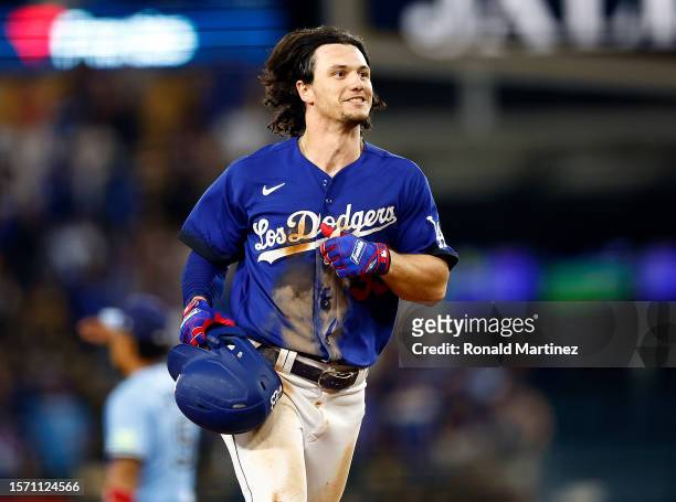 James Outman of the Los Angeles Dodgers after a walk off hit against the Toronto Blue Jays in the tenth inning at Dodger Stadium on July 25, 2023 in...