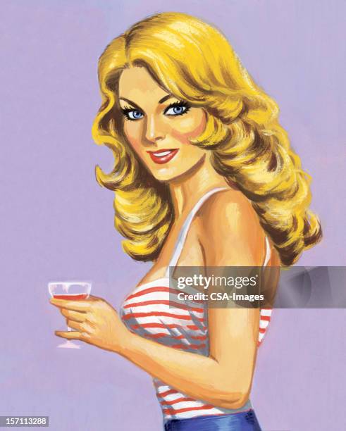 blond woman drinking - spaghetti straps stock illustrations