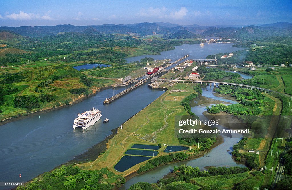 Aerial view of the Panama Canal.