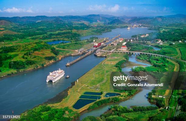 aerial view of the panama canal. - panamá imagens e fotografias de stock