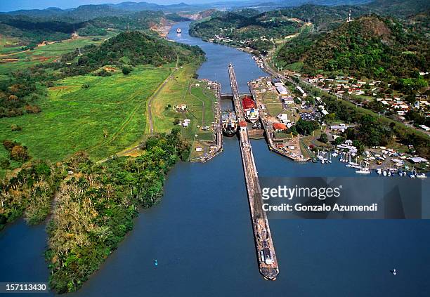 aerial view of the panama canal. - panama canal fotografías e imágenes de stock