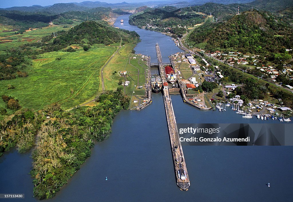 Aerial view of the Panama Canal.