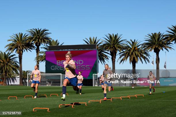 Lucy Bronze, Millie Bright, Alex Greenwood and teammates of England during a training session at Central Coast Stadium on July 26, 2023 in Gosford,...