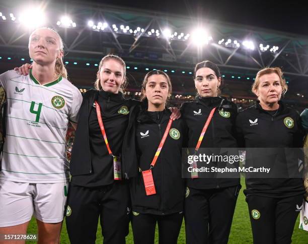 Queensland , Australia - 31 July 2023; Republic of Ireland players and staff, from left, Louise Quinn, social media coordinator Emma Clinton, video...