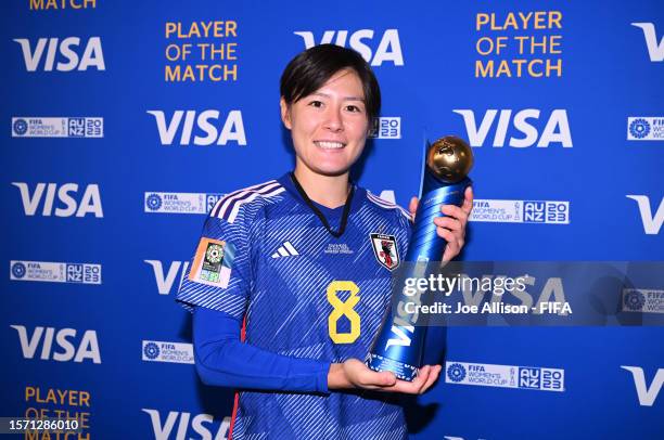 Hikaru Naomoto of Japan poses for a photo with her VISA Player of the Match award after the FIFA Women's World Cup Australia & New Zealand 2023 Group...