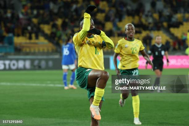 South Africa's forward Thembi Kgatlana celebrates scoring her team's third goal during the Australia and New Zealand 2023 Women's World Cup Group G...