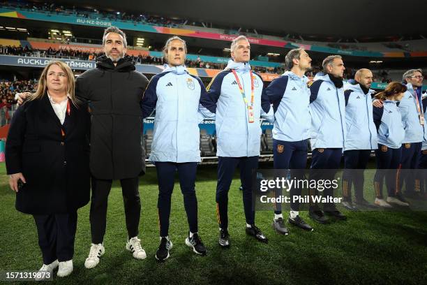 Jorge Vilda , Head Coach of Spain, and team staffs line up for the national anthem prior to the FIFA Women's World Cup Australia & New Zealand 2023...