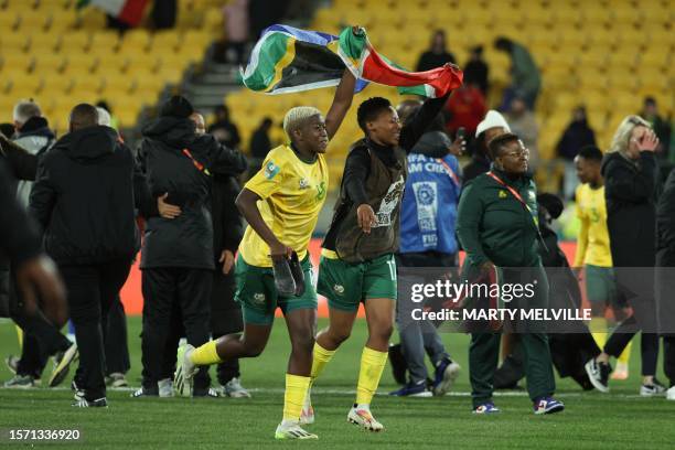 South Africa's players celebrate their win at the end of the Australia and New Zealand 2023 Women's World Cup Group G football match between South...