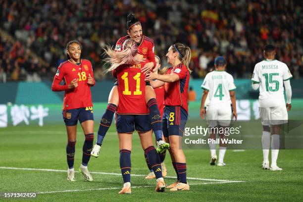 Jennifer Hermoso of Spain celebrates with teammates after scoring her team's second goal during the FIFA Women's World Cup Australia & New Zealand...
