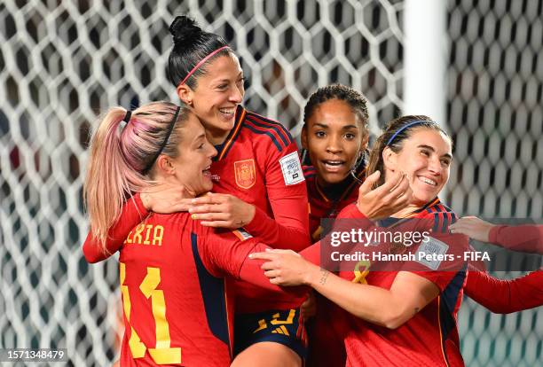 Jennifer Hermoso of Spain celebrates with teammates after scoring her team's second goal during the FIFA Women's World Cup Australia & New Zealand...