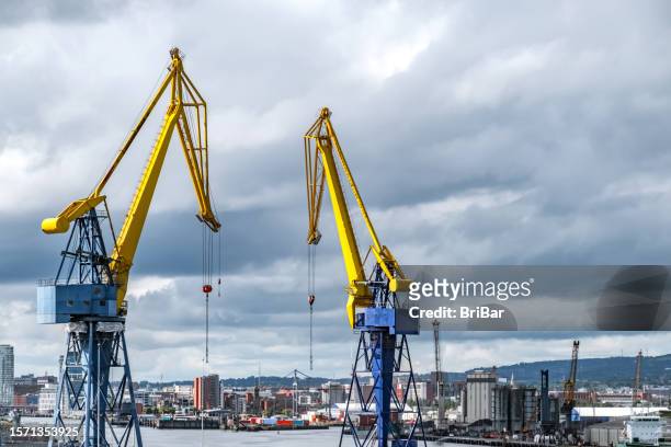 cranes at uk container terminal - hoisted stock pictures, royalty-free photos & images