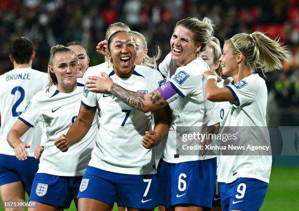 Players of England celebrate during the Group D match between China and England at the 2023 FIFA Women's World Cup in Adelaide, Australia, Aug. 1,...