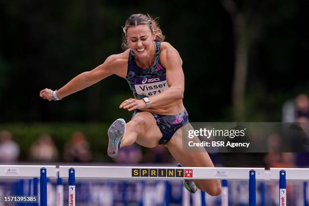 Nadine Visser of SAV competing on Women - 100 meters hurdles final during the Dutch National Athletics Championships on July 30, 2023 in Breda,...