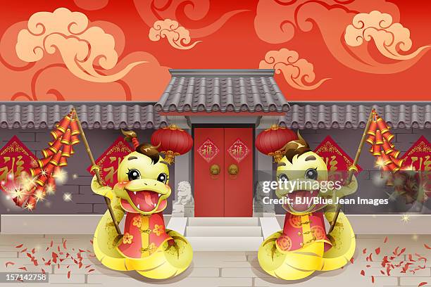 chinese courtyard and cartoon snake for chinese year of snake - serpentine stone stock illustrations