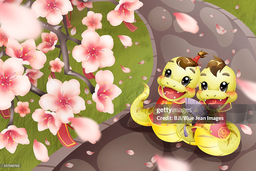 Cartoon snake and peach blossom for Chinese year of snake