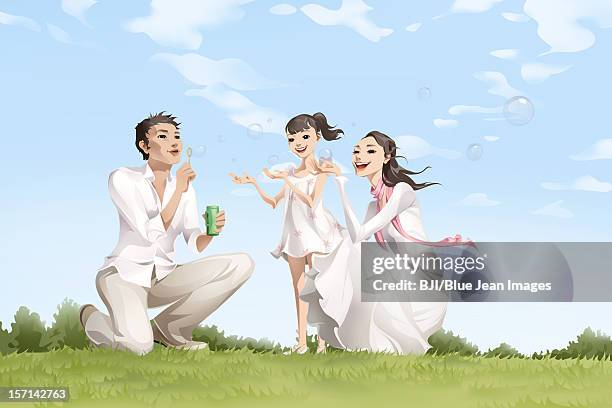 family blowing bubbles - woman blowing soap bubbles stock illustrations