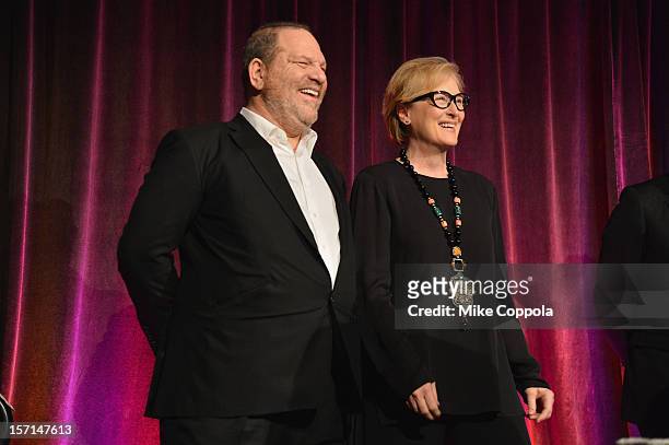 Harvey Weinstein and Meryl Streep on stage at the Christopher & Dana Reeve Foundation's A Magical Evening Gala at Cipriani, Wall Street on November...