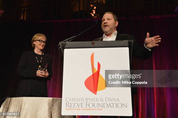 Meryl Streep and Harvey Weinstein speak at the Christopher & Dana Reeve Foundation's A Magical Evening Gala at Cipriani, Wall Street on November 28,...