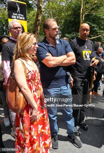 David Harbour is seen at the SAG-AFTRA rally outside the City Hall in Downtown, Manhattan on August 01, 2023 in New York City.