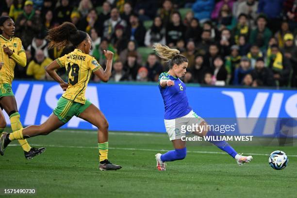 Brazil's defender Tamires shoots but fails to score during the Australia and New Zealand 2023 Women's World Cup Group F football match between...