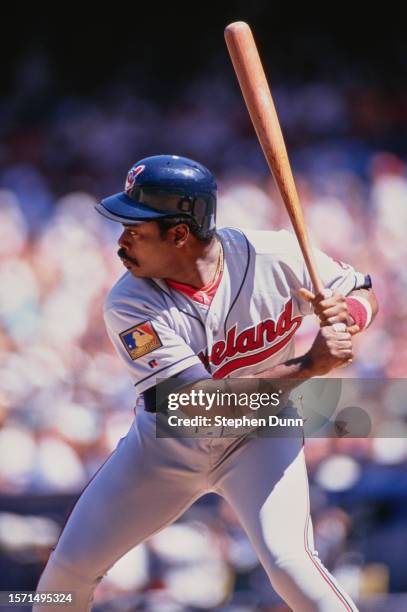 Eddie Murray, First Baseman and Designated Hitter for the Cleveland Indians at bat during the Major League Baseball American League West game against...