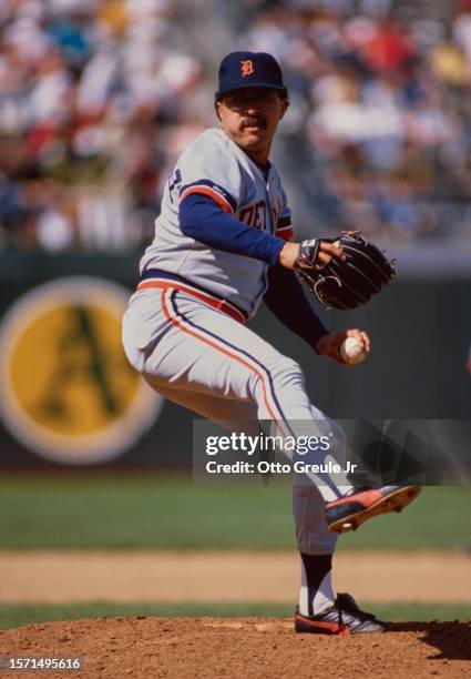 Willie Hernandez, Pitcher for the Detroit Tigers winds up to pitch during the Major League Baseball American League West game against the Oakland...