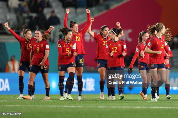 Jennifer Hermoso of Spain celebrates with teammates after scoring her team's fourth goal during the FIFA Women's World Cup Australia & New Zealand...