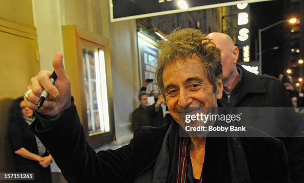 Actor Al Pacino exiting the stage door for "Glengarry Glen Ross" at the Gerald Schoenfeld Theatre on November 28, 2012 in New York City.