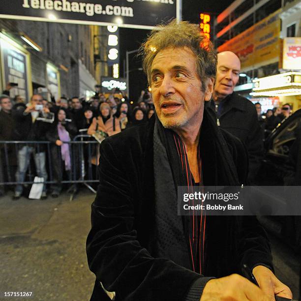 Actor Al Pacino exiting the stage door for "Glengarry Glen Ross" at the Gerald Schoenfeld Theatre on November 28, 2012 in New York City.