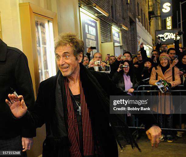 Actor Al Pacino exiting the stage door for "Glengarry Glen Ross" at the Gerald Schoenfeld Theatre on November 28, 2012 in New York City.