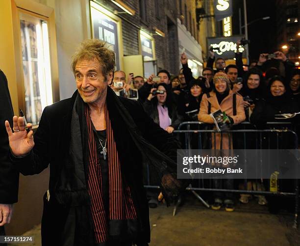 Actor Al Pacino exiting the stage door for "Glengarry Glen Ross" at the Gerald Schoenfeld Theatre on November 28, 2012 in New York City.