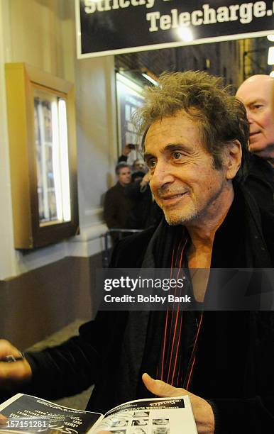 Actor Al Pacino exiting the stage door for "Glengarry Glen Ross" at the Gerald Schoenfeld Theatre on November 28, 2012 in New York City.