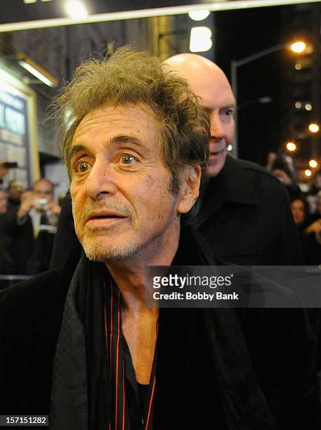 Actor Al Pacino exiting the stage door for "Glengarry Glen Ross" at the Gerald Schoenfeld Theatre on November 28, 2012 in New York City.