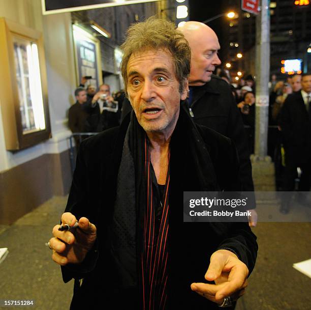 Actor Al Pacino exiting the stage door for "Glengarry Glen Ross" at the Gerald Schoenfeld Theatre on November 28, 2012 in New York City.