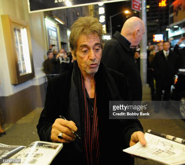 Actor Al Pacino exiting the stage door for "Glengarry Glen Ross" at the Gerald Schoenfeld Theatre on November 28, 2012 in New York City.