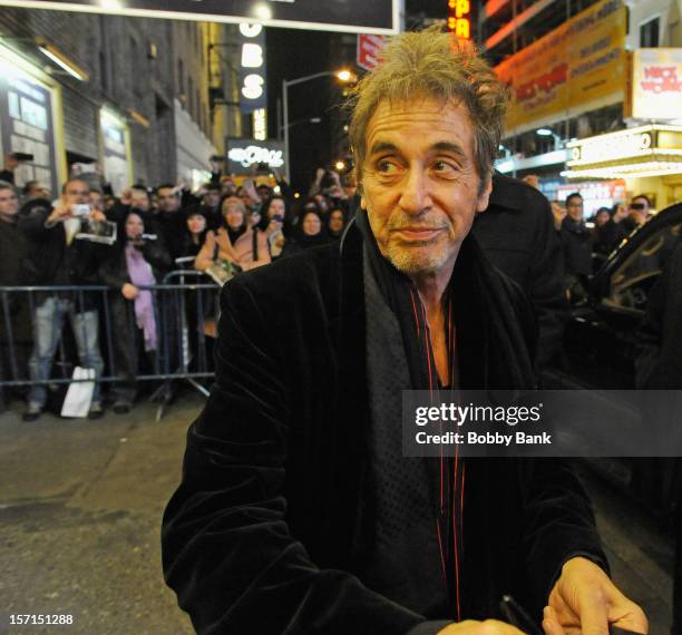 Actor Al Pacino exiting the stage door for "Glengarry Glen Ross" at the Gerald Schoenfeld Theatre on November 28, 2012 in New York City.