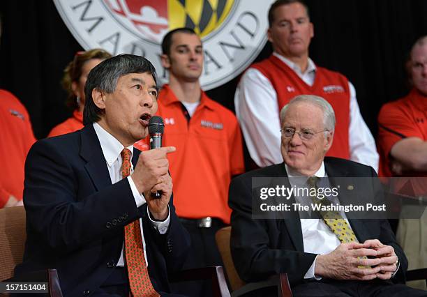 Chancellor Brit Kerwin, right, listens as President Wallace Loh answers questions during a press conference to address the news that the University...