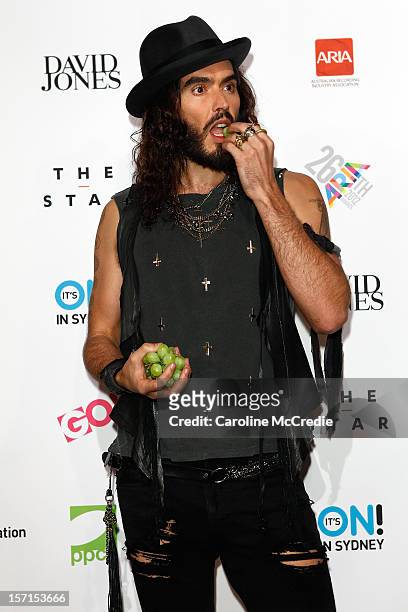 Russell Brand poses in the awards room at the 26th Annual ARIA Awards 2012 at the Sydney Entertainment Centre on November 29, 2012 in Sydney,...