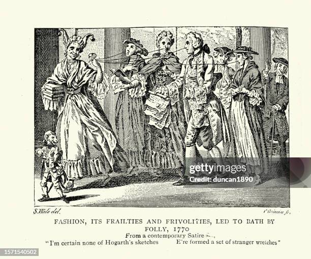 vintage illustration of satire, cartoon, fashion, its frailties and frivolities, led to bath by folly, 1770 - bath england stock illustrations
