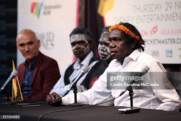 Mandawuy Yunupingu of Yothu Yindi speaks to the media after being inducted into the ARIA Hall of Fame at the 26th Annual ARIA Awards 2012 at the...