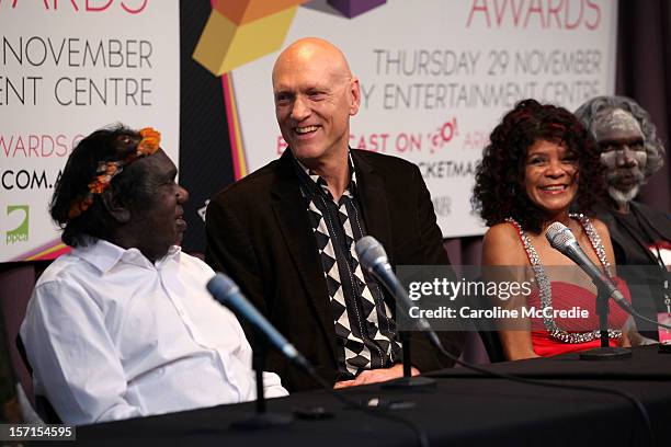 Mandawuy Yunupingu of Yothu Yindi and Australian musician, environmentalist, activist and politician Peter Garrett speak to the media after Yothu...