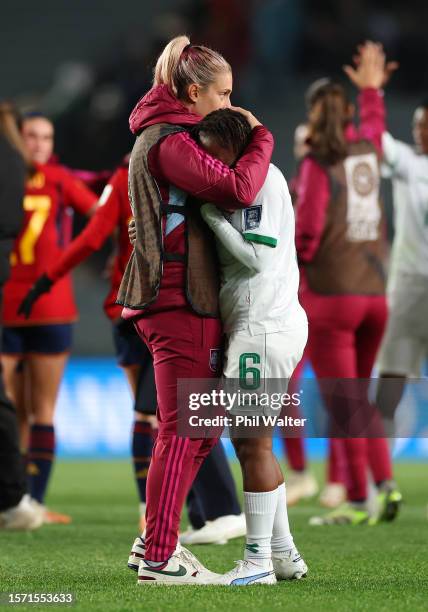 Mary Wilombe of Zambia is consoled by Alexia Putellas of Spain after the FIFA Women's World Cup Australia & New Zealand 2023 Group C match between...
