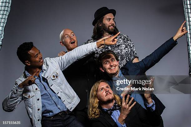 Dougy Mandagi, Joseph Greer, Toby Dundas, Lorenzo Sillitto and Johnny Aherne of The Temper Trap pose after winning the ARIA Award for Best Rock...