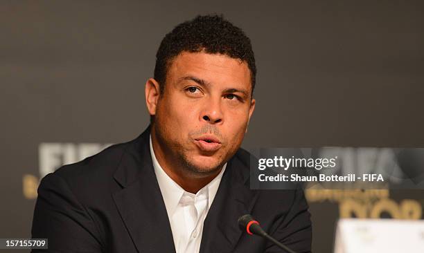 Brazilian footballer Ronaldo talks to the media during a press conference for the Ballon D'Or 2012 nominees at the Anhembi Media Centre prior to the...