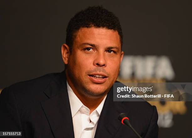 Brazilian footballer Ronaldo talks to the media during a press conference for the Ballon D'Or 2012 nominees at the Anhembi Media Centre prior to the...