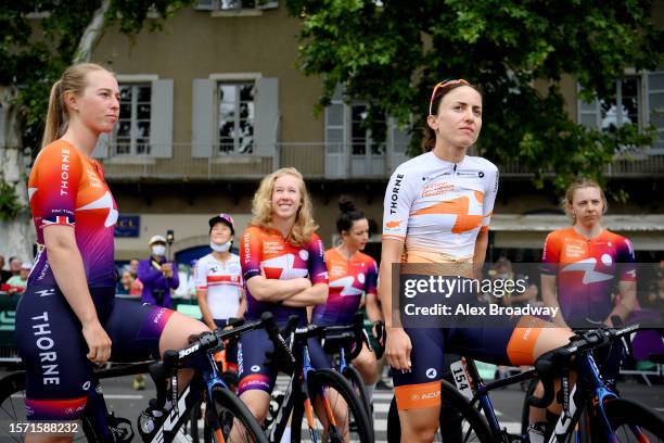 Alice Barnes of The United Kingdom and Antri Christoforou of Cyprus and Team Human Powered Health prior to the 2nd Tour de France Femmes 2023, Stage...