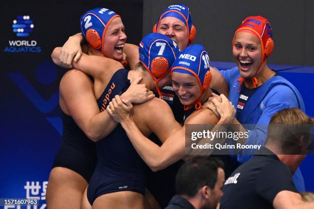 Members of Team Netherlands celebrate winning the Women's Water Polo Semifinal match between Italy and the Netherlands on day 11 of the Fukuoka 2023...