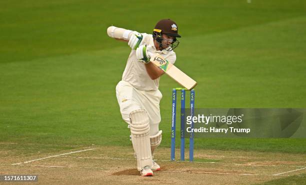Tom Latham of Surrey plays a shot during Day Two of the LV= Insurance County Championship Division 1 match between Somerset and Surrey at The Cooper...