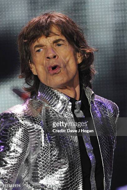 Mick Jagger of The Rolling Stones perfom at The O2 Arena on November 29, 2012 in London, England.